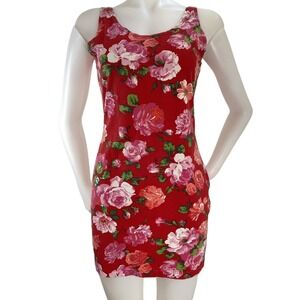 Vintage 90s Gitano Mini Bodycon Dress Red Floral Rose Indie Girly Grunge Medium